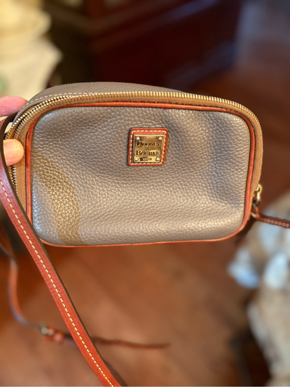 Dooney & Bourke Gray Pebble Leather Crossbody with Brown Trim
